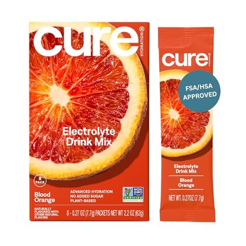 Cure Hydration – Elektrolyt-Pulver auf pflanzlicher Basis mit Kokoswasser, ohne Zuckerzusatz, FSA-HSA-fähig, 8 Portionen – Blutorange