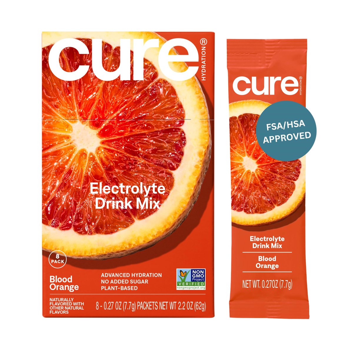 Cure Hydration – Elektrolyt-Pulver auf pflanzlicher Basis mit Kokoswasser, ohne Zuckerzusatz, FSA-HSA-fähig, 8 Portionen – Blutorange