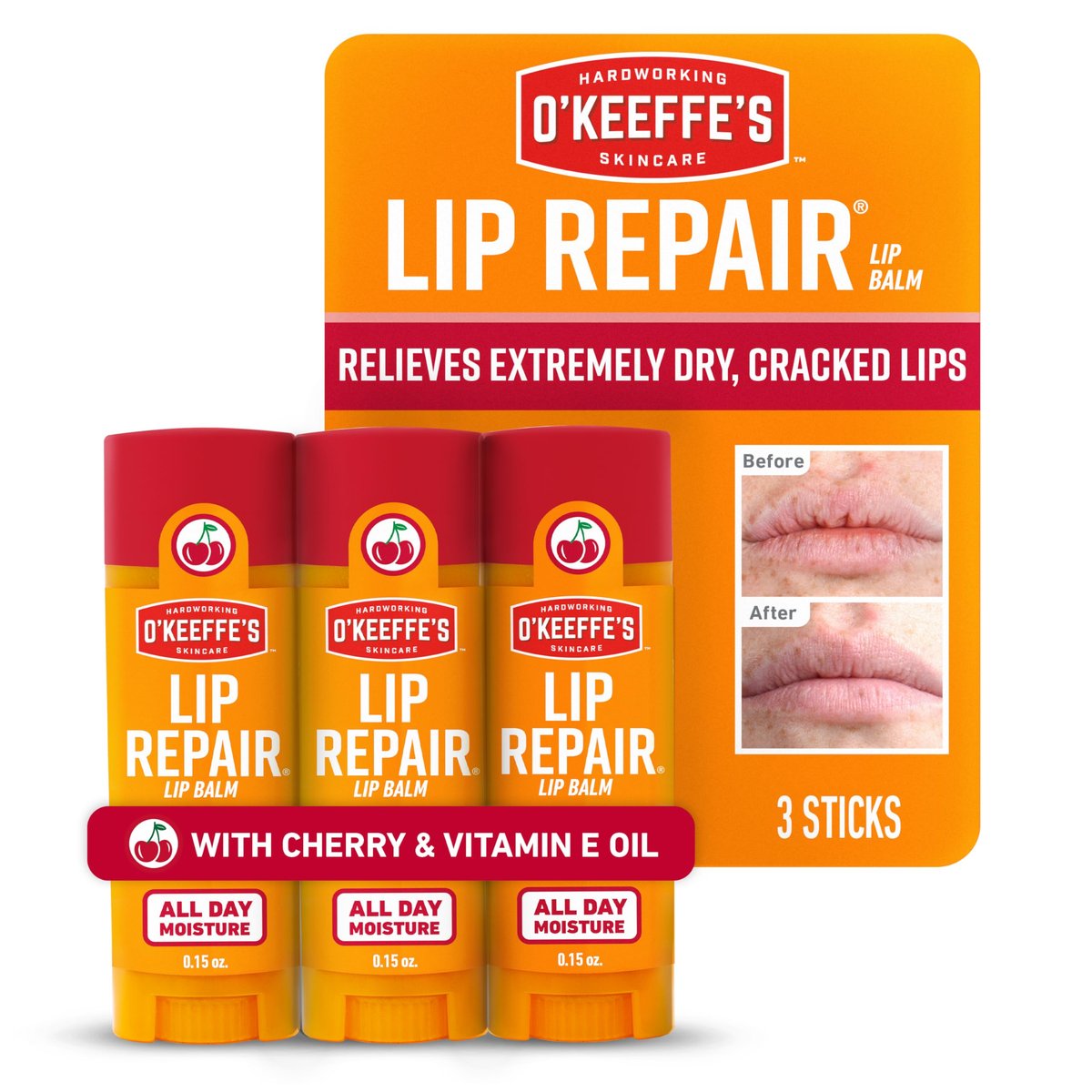 O'Keeffe's Lip Repair Lippenbalsam mit Kirsche & Vitamin E - Stick (3er-Pack) - Feuchtigkeitscreme für extrem rissige, trockene Lippen