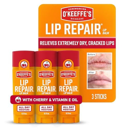 O'Keeffe's Lip Repair Lippenbalsam mit Kirsche & Vitamin E - Stick (3er-Pack) - Feuchtigkeitscreme für extrem rissige, trockene Lippen
