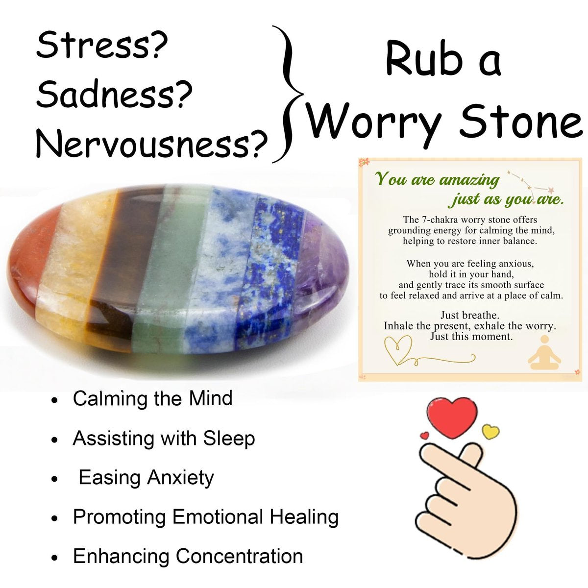 NUKAYAI Sorgenstein Kristalle & Heilsteine – 7 Chakra Daumenstein für Angst, Stress & Meditation – Achtsamkeitsgeschenk für Frauen