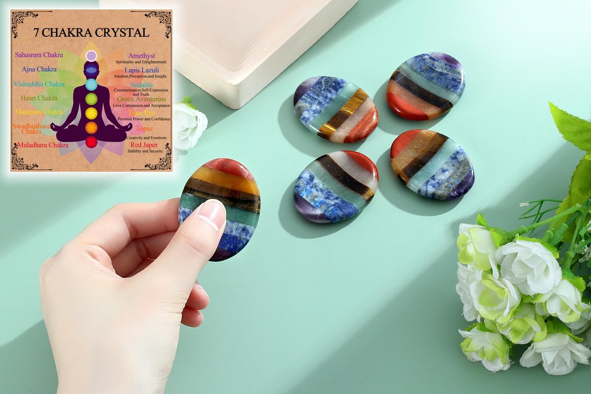 NUKAYAI Sorgenstein Kristalle & Heilsteine – 7 Chakra Daumenstein für Angst, Stress & Meditation – Achtsamkeitsgeschenk für Frauen