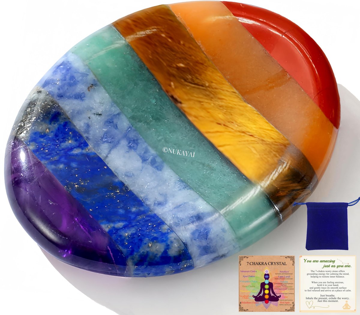 NUKAYAI Sorgenstein Kristalle & Heilsteine – 7 Chakra Daumenstein für Angst, Stress & Meditation – Achtsamkeitsgeschenk für Frauen