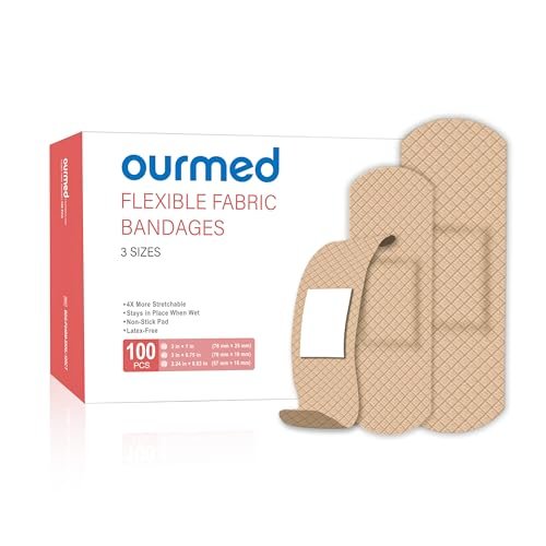 Ourmed Flexible Fabric Pflaster, 100 Stück, Latexfrei, Erste-Hilfe-Pflaster mit nicht haftendem Pad, für Wunden, Schnitte, Schürfwunden, Blasen, verschiedene Größen