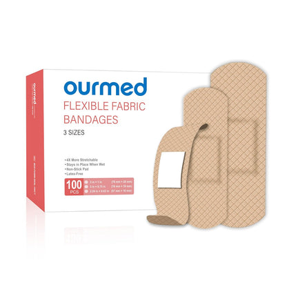 Ourmed Flexible Fabric Pflaster, 100 Stück, Latexfrei, Erste-Hilfe-Pflaster mit nicht haftendem Pad, für Wunden, Schnitte, Schürfwunden, Blasen, verschiedene Größen