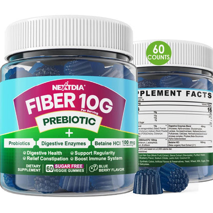Zuckerfreie Ballaststoff Gummis für Erwachsene - 10g Präbiotikum mit Verdauungsenzymen, Probiotika & 100mg Betain für Verdauungs- & Darmgesundheit, reguliert den Stuhlgang, Vegan, Gelatinefrei, 60 Stück
