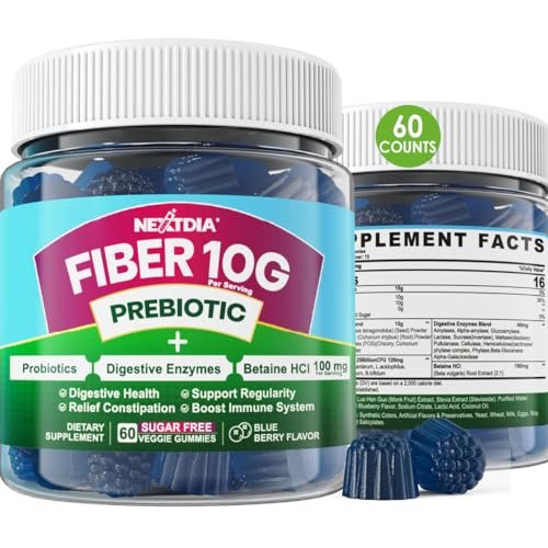 Zuckerfreie Ballaststoff Gummis für Erwachsene - 10g Präbiotikum mit Verdauungsenzymen, Probiotika & 100mg Betain für Verdauungs- & Darmgesundheit, reguliert den Stuhlgang, Vegan, Gelatinefrei, 60 Stück