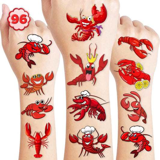96 Stück Krebskochen Party Tattoos – Temporäre Tattoos für Kinder & Erwachsene – Sommer Seafood Motive Hummer Garnelen Flusskrebse – Geburtstagsparty Dekoration & Preise