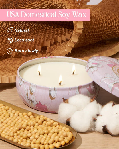 M&SENSE Kirschblüten Duftkerze 12 oz, Große 3-Docht Soja-Kerze im Zinngefäß, Über 40 Stunden Brenndauer, 100% Natürliches Veganes Wachs, Entspannende Aromatherapie Ästhetische Kerze Geschenk für Frauen und Männer