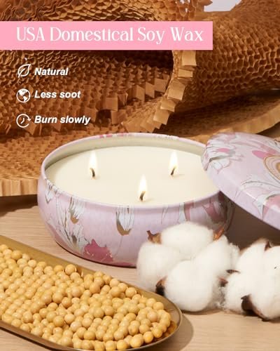 M&SENSE Kirschblüten Duftkerze 12 oz, Große 3-Docht Soja-Kerze im Zinngefäß, Über 40 Stunden Brenndauer, 100% Natürliches Veganes Wachs, Entspannende Aromatherapie Ästhetische Kerze Geschenk für Frauen und Männer