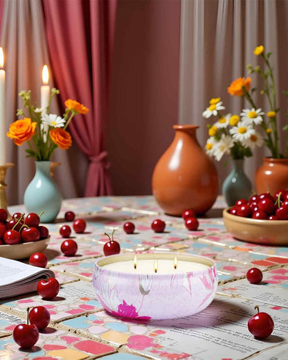 M&SENSE Kirschblüten Duftkerze 12 oz, Große 3-Docht Soja-Kerze im Zinngefäß, Über 40 Stunden Brenndauer, 100% Natürliches Veganes Wachs, Entspannende Aromatherapie Ästhetische Kerze Geschenk für Frauen und Männer