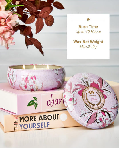 M&SENSE Kirschblüten Duftkerze 12 oz, Große 3-Docht Soja-Kerze im Zinngefäß, Über 40 Stunden Brenndauer, 100% Natürliches Veganes Wachs, Entspannende Aromatherapie Ästhetische Kerze Geschenk für Frauen und Männer