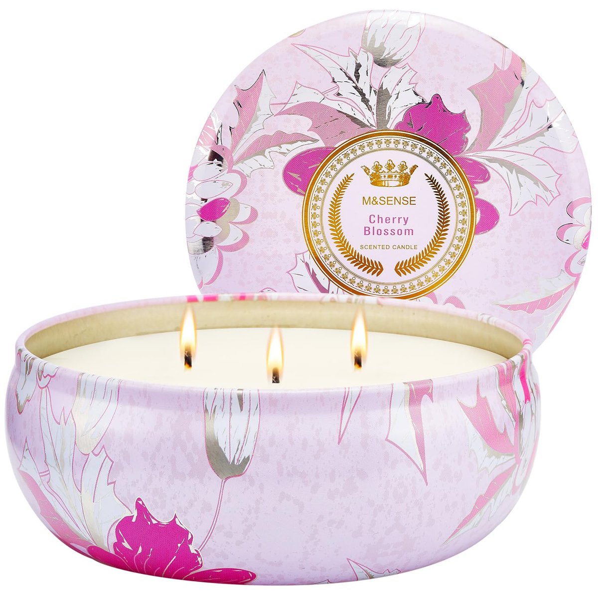 M&SENSE Kirschblüten Duftkerze 12 oz, Große 3-Docht Soja-Kerze im Zinngefäß, Über 40 Stunden Brenndauer, 100% Natürliches Veganes Wachs, Entspannende Aromatherapie Ästhetische Kerze Geschenk für Frauen und Männer