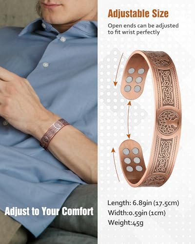 Jecanori Kupferarmband für Männer – 18-fach verstärktes Magnetarmband mit 3.800 Gauss Magneten, 99,99 % reines massives Kupfer, Geschenk
