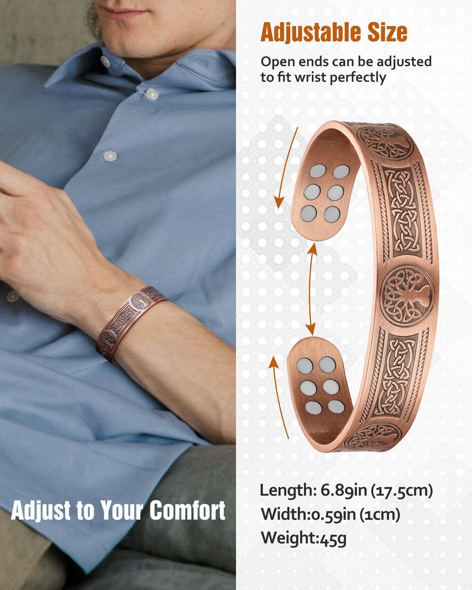 Jecanori Kupferarmband für Männer – 18-fach verstärktes Magnetarmband mit 3.800 Gauss Magneten, 99,99 % reines massives Kupfer, Geschenk