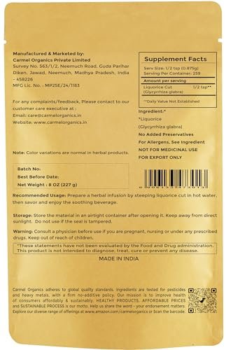 CARMEL ORGANICS Süßholz (Mulethi) Wurzel geschnitten 227 g | Indisches Yashtimadhu für Gesundheit, Haut- und Haarpflege | Glycyrrhiza Glabra | Ohne Zusatzstoffe