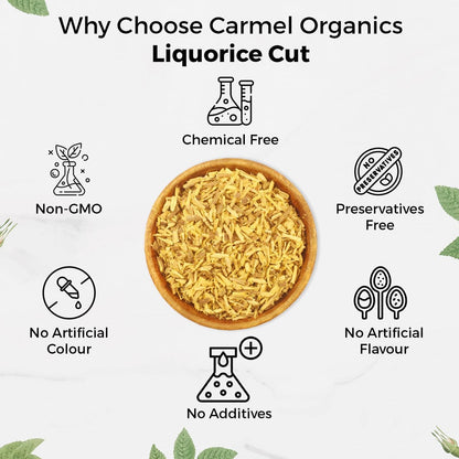 CARMEL ORGANICS Süßholz (Mulethi) Wurzel geschnitten 227 g | Indisches Yashtimadhu für Gesundheit, Haut- und Haarpflege | Glycyrrhiza Glabra | Ohne Zusatzstoffe