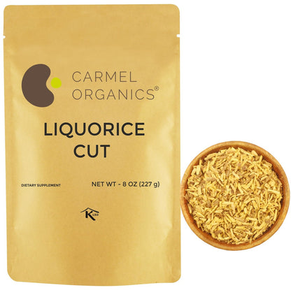 CARMEL ORGANICS Süßholz (Mulethi) Wurzel geschnitten 227 g | Indisches Yashtimadhu für Gesundheit, Haut- und Haarpflege | Glycyrrhiza Glabra | Ohne Zusatzstoffe