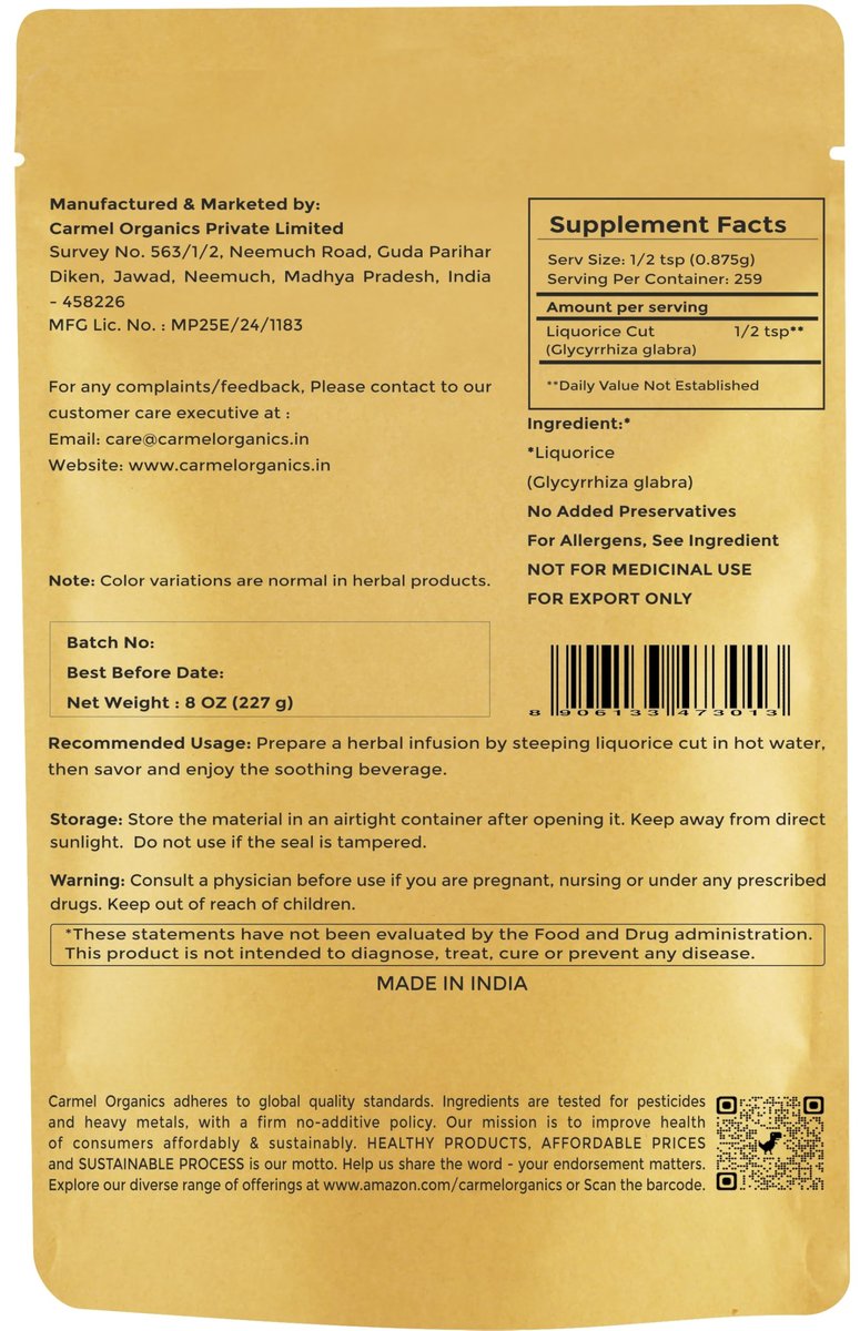 CARMEL ORGANICS Süßholz (Mulethi) Wurzel geschnitten 227 g | Indisches Yashtimadhu für Gesundheit, Haut- und Haarpflege | Glycyrrhiza Glabra | Ohne Zusatzstoffe