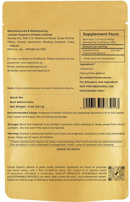 CARMEL ORGANICS Süßholz (Mulethi) Wurzel geschnitten 227 g | Indisches Yashtimadhu für Gesundheit, Haut- und Haarpflege | Glycyrrhiza Glabra | Ohne Zusatzstoffe
