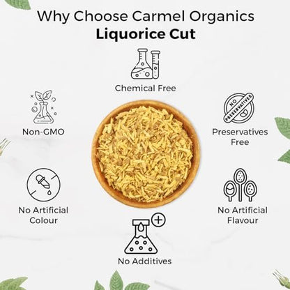 CARMEL ORGANICS Süßholz (Mulethi) Wurzel geschnitten 227 g | Indisches Yashtimadhu für Gesundheit, Haut- und Haarpflege | Glycyrrhiza Glabra | Ohne Zusatzstoffe