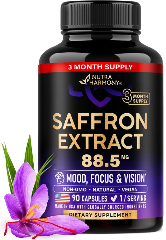 Natürliche Safran-Ergänzungsmittel - Reiner Safran-Extrakt 88,5 mg - Stimmung | Fokus | Sehkraft | Energie - Augengesundheit für Frauen & Männer - Laborgeprüft - Nicht-GVO, vegan - 90 Kapseln, 3-Monats-Vorrat
