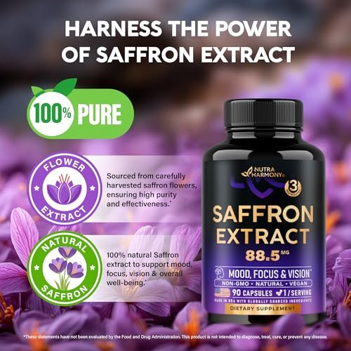 Natürliche Safran-Ergänzungsmittel - Reiner Safran-Extrakt 88,5 mg - Stimmung | Fokus | Sehkraft | Energie - Augengesundheit für Frauen & Männer - Laborgeprüft - Nicht-GVO, vegan - 90 Kapseln, 3-Monats-Vorrat