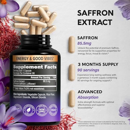 Natürliche Safran-Ergänzungsmittel - Reiner Safran-Extrakt 88,5 mg - Stimmung | Fokus | Sehkraft | Energie - Augengesundheit für Frauen & Männer - Laborgeprüft - Nicht-GVO, vegan - 90 Kapseln, 3-Monats-Vorrat