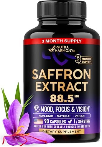 Natürliche Safran-Ergänzungsmittel - Reiner Safran-Extrakt 88,5 mg - Stimmung | Fokus | Sehkraft | Energie - Augengesundheit für Frauen & Männer - Laborgeprüft - Nicht-GVO, vegan - 90 Kapseln, 3-Monats-Vorrat