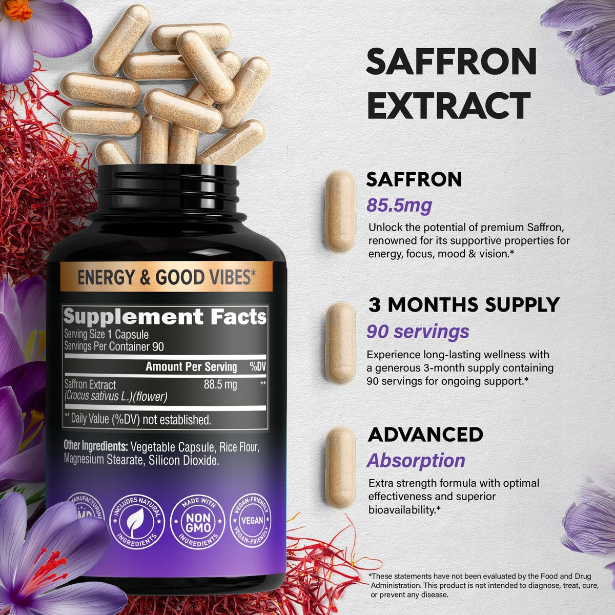 Natürliche Safran-Ergänzungsmittel - Reiner Safran-Extrakt 88,5 mg - Stimmung | Fokus | Sehkraft | Energie - Augengesundheit für Frauen & Männer - Laborgeprüft - Nicht-GVO, vegan - 90 Kapseln, 3-Monats-Vorrat