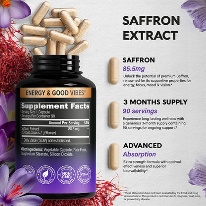 Natürliche Safran-Ergänzungsmittel - Reiner Safran-Extrakt 88,5 mg - Stimmung | Fokus | Sehkraft | Energie - Augengesundheit für Frauen & Männer - Laborgeprüft - Nicht-GVO, vegan - 90 Kapseln, 3-Monats-Vorrat