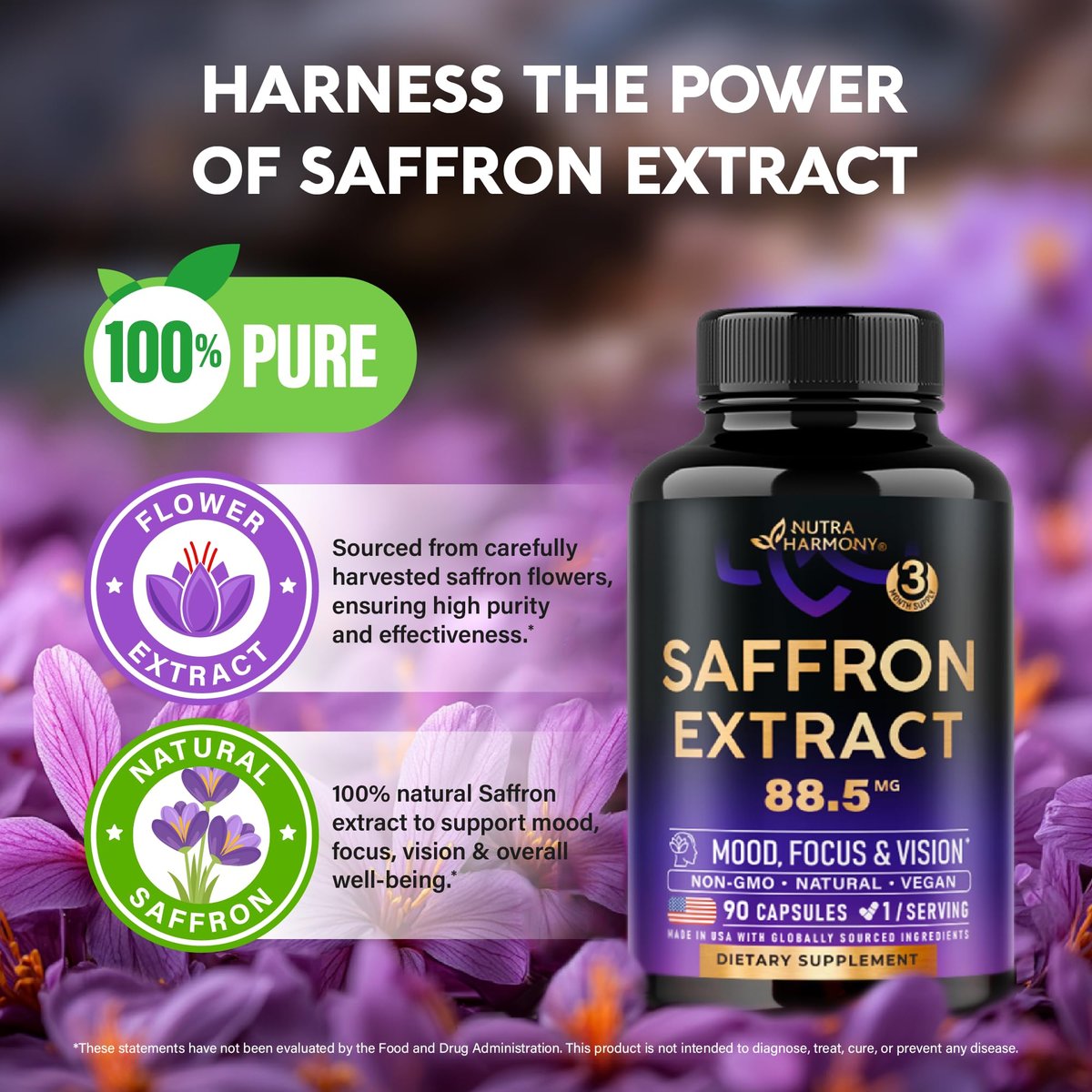 Natürliche Safran-Ergänzungsmittel - Reiner Safran-Extrakt 88,5 mg - Stimmung | Fokus | Sehkraft | Energie - Augengesundheit für Frauen & Männer - Laborgeprüft - Nicht-GVO, vegan - 90 Kapseln, 3-Monats-Vorrat