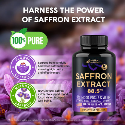 Natürliche Safran-Ergänzungsmittel - Reiner Safran-Extrakt 88,5 mg - Stimmung | Fokus | Sehkraft | Energie - Augengesundheit für Frauen & Männer - Laborgeprüft - Nicht-GVO, vegan - 90 Kapseln, 3-Monats-Vorrat