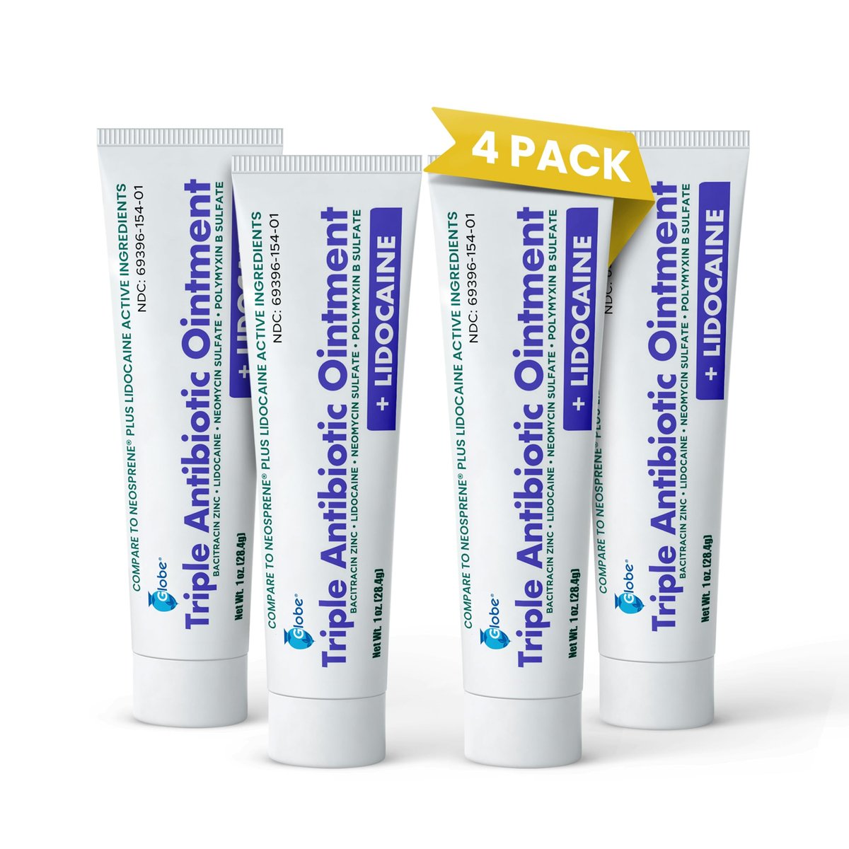 Globe Lidocain Erste Hilfe Antibiotika Salbe (4er-Pack) 1 Oz - Maximale Schmerzlinderung & Infektionsschutz - Betäubt die Haut schnell mit Lidocain - Für Notfälle & Infektionsschutz