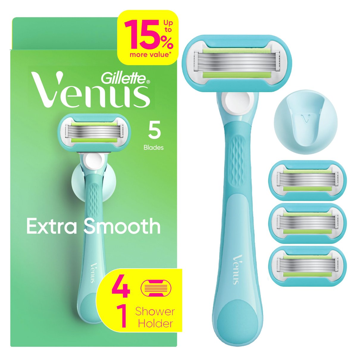 Gillette Venus Extra Smooth Damenrasierer – 1 ergonomischer Griff + 4 Klingenköpfe, 5-Klingen-Rasierer mit Anti-Rutsch-Griff und Duschhalterung