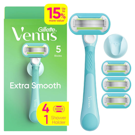 Gillette Venus Extra Smooth Damenrasierer – 1 ergonomischer Griff + 4 Klingenköpfe, 5-Klingen-Rasierer mit Anti-Rutsch-Griff und Duschhalterung