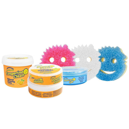 Scrub Daddy Schwämme + Haushaltsreiniger Bundle - PowerPaste Reinigungskitt, Tangerine Clean, PowErase Gel Allzweckreiniger & Scrub Mommy (3 Pasten & 3 Schwämme)