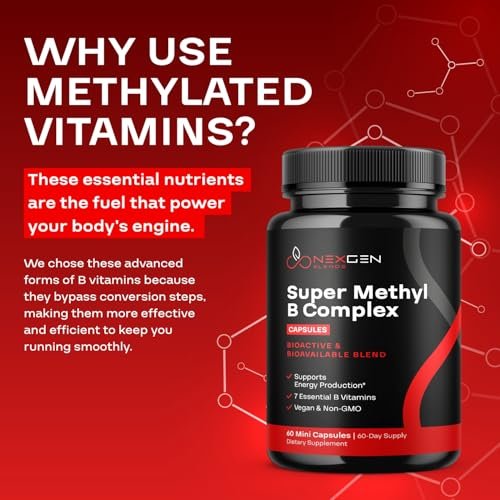 Methyliertes B-Komplex Vitaminpräparat - Bioaktiver Methyl B-Komplex mit 5-MTHF Methylfolat & B12 Methylcobalamin für Gehirn-, Herz-, Energie- und Homocystein-Unterstützung - Super Vitamin B Komplex - 60 Kapseln