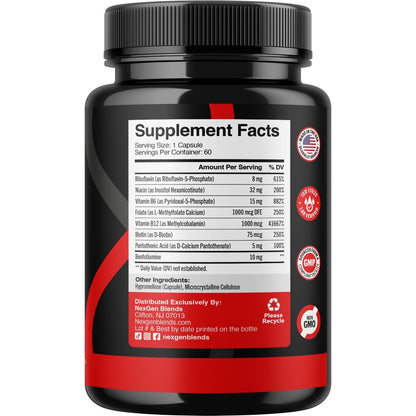 Methyliertes B-Komplex Vitaminpräparat - Bioaktiver Methyl B-Komplex mit 5-MTHF Methylfolat & B12 Methylcobalamin für Gehirn-, Herz-, Energie- und Homocystein-Unterstützung - Super Vitamin B Komplex - 60 Kapseln