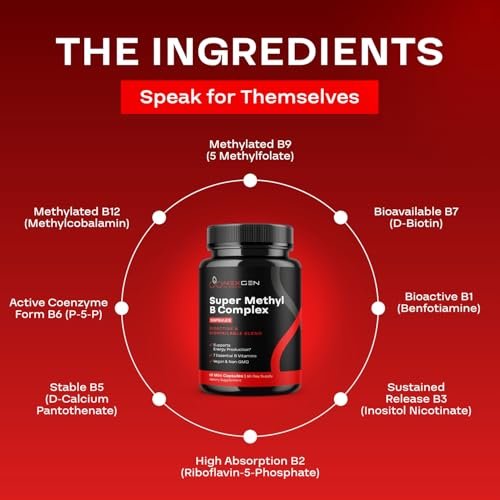 Methyliertes B-Komplex Vitaminpräparat - Bioaktiver Methyl B-Komplex mit 5-MTHF Methylfolat & B12 Methylcobalamin für Gehirn-, Herz-, Energie- und Homocystein-Unterstützung - Super Vitamin B Komplex - 60 Kapseln