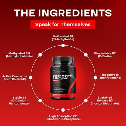 Methyliertes B-Komplex Vitaminpräparat - Bioaktiver Methyl B-Komplex mit 5-MTHF Methylfolat & B12 Methylcobalamin für Gehirn-, Herz-, Energie- und Homocystein-Unterstützung - Super Vitamin B Komplex - 60 Kapseln