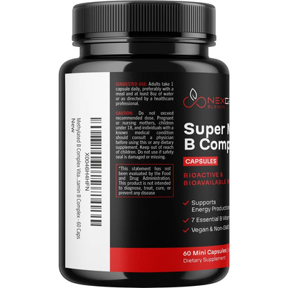 Methyliertes B-Komplex Vitaminpräparat - Bioaktiver Methyl B-Komplex mit 5-MTHF Methylfolat & B12 Methylcobalamin für Gehirn-, Herz-, Energie- und Homocystein-Unterstützung - Super Vitamin B Komplex - 60 Kapseln