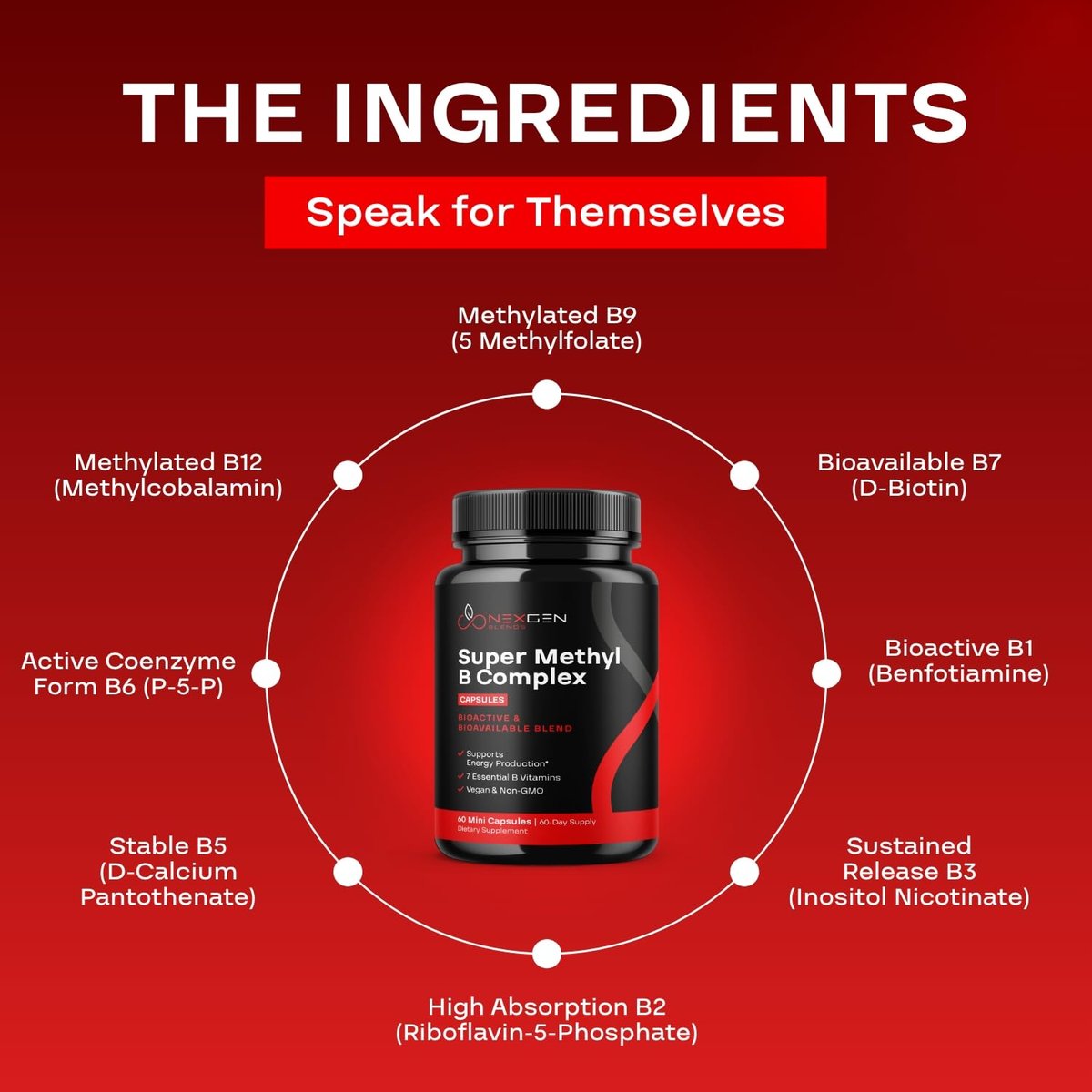 Methyliertes B-Komplex Vitaminpräparat - Bioaktiver Methyl B-Komplex mit 5-MTHF Methylfolat & B12 Methylcobalamin für Gehirn-, Herz-, Energie- und Homocystein-Unterstützung - Super Vitamin B Komplex - 60 Kapseln