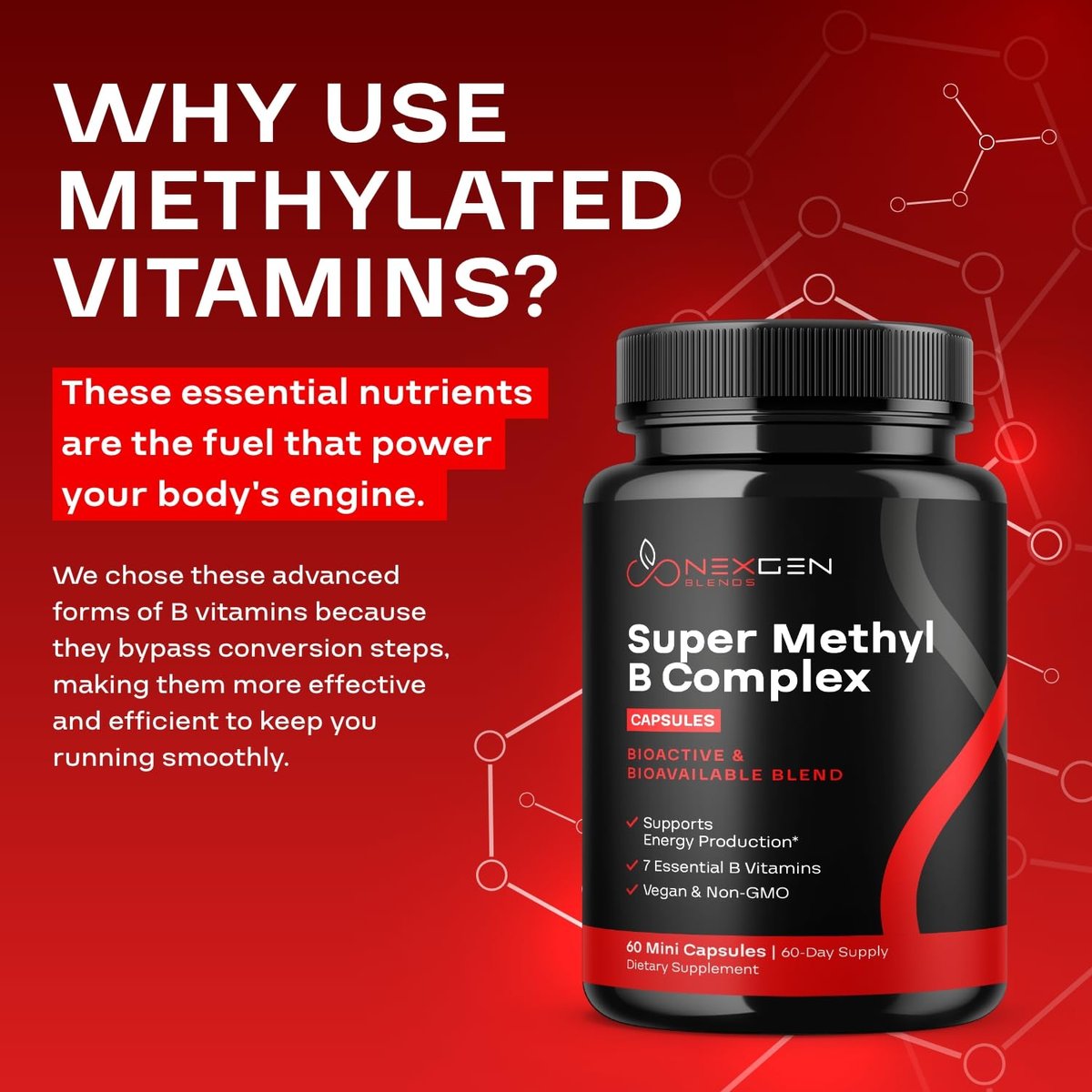 Methyliertes B-Komplex Vitaminpräparat - Bioaktiver Methyl B-Komplex mit 5-MTHF Methylfolat & B12 Methylcobalamin für Gehirn-, Herz-, Energie- und Homocystein-Unterstützung - Super Vitamin B Komplex - 60 Kapseln