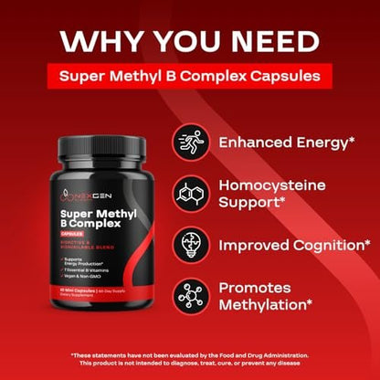 Methyliertes B-Komplex Vitaminpräparat - Bioaktiver Methyl B-Komplex mit 5-MTHF Methylfolat & B12 Methylcobalamin für Gehirn-, Herz-, Energie- und Homocystein-Unterstützung - Super Vitamin B Komplex - 60 Kapseln