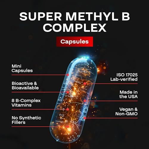 Methyliertes B-Komplex Vitaminpräparat - Bioaktiver Methyl B-Komplex mit 5-MTHF Methylfolat & B12 Methylcobalamin für Gehirn-, Herz-, Energie- und Homocystein-Unterstützung - Super Vitamin B Komplex - 60 Kapseln