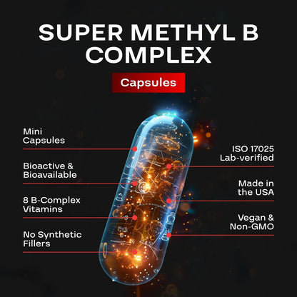 Methyliertes B-Komplex Vitaminpräparat - Bioaktiver Methyl B-Komplex mit 5-MTHF Methylfolat & B12 Methylcobalamin für Gehirn-, Herz-, Energie- und Homocystein-Unterstützung - Super Vitamin B Komplex - 60 Kapseln