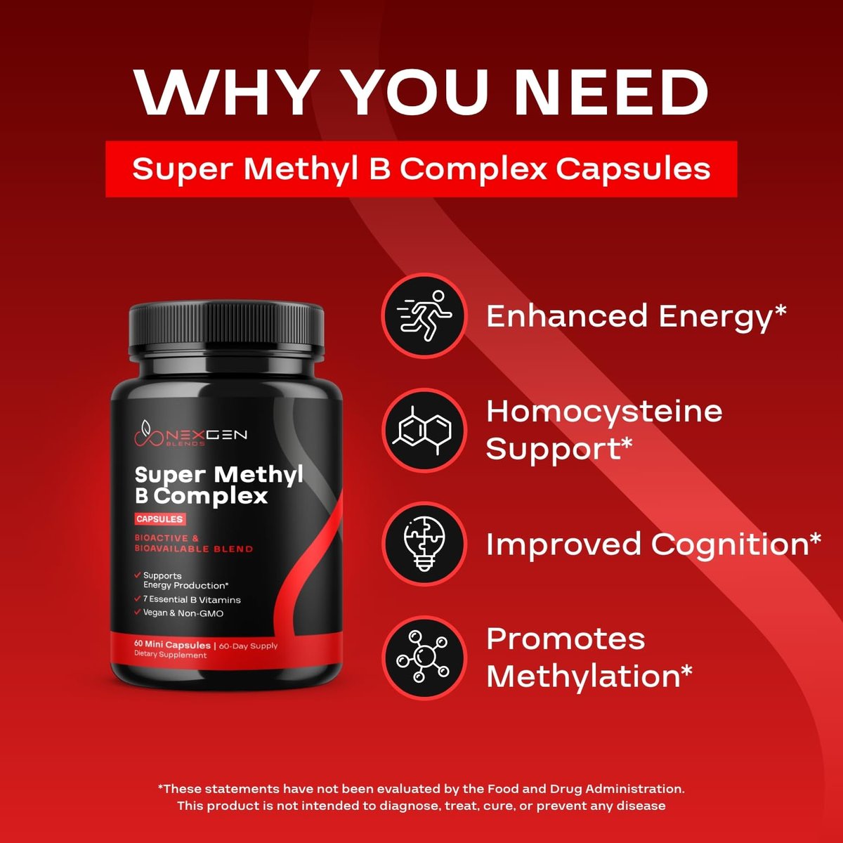 Methyliertes B-Komplex Vitaminpräparat - Bioaktiver Methyl B-Komplex mit 5-MTHF Methylfolat & B12 Methylcobalamin für Gehirn-, Herz-, Energie- und Homocystein-Unterstützung - Super Vitamin B Komplex - 60 Kapseln
