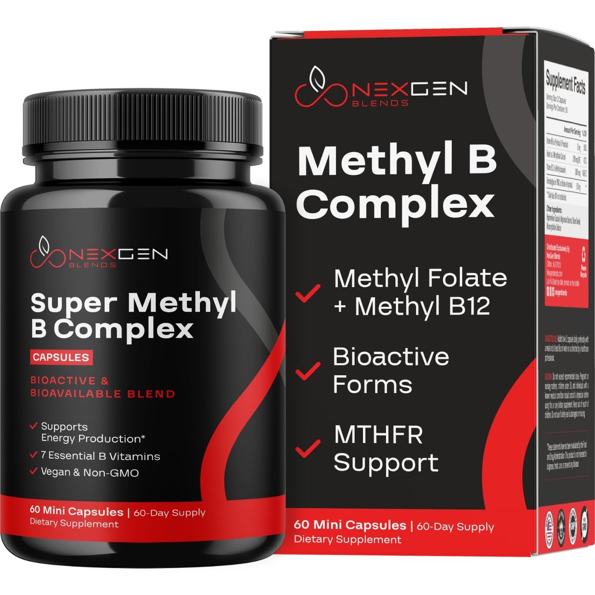 Methyliertes B-Komplex Vitaminpräparat - Bioaktiver Methyl B-Komplex mit 5-MTHF Methylfolat & B12 Methylcobalamin für Gehirn-, Herz-, Energie- und Homocystein-Unterstützung - Super Vitamin B Komplex - 60 Kapseln