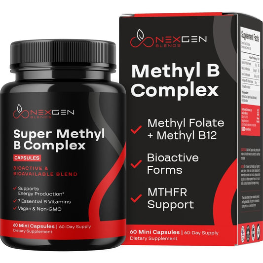 Methyliertes B-Komplex Vitaminpräparat - Bioaktiver Methyl B-Komplex mit 5-MTHF Methylfolat & B12 Methylcobalamin für Gehirn-, Herz-, Energie- und Homocystein-Unterstützung - Super Vitamin B Komplex - 60 Kapseln